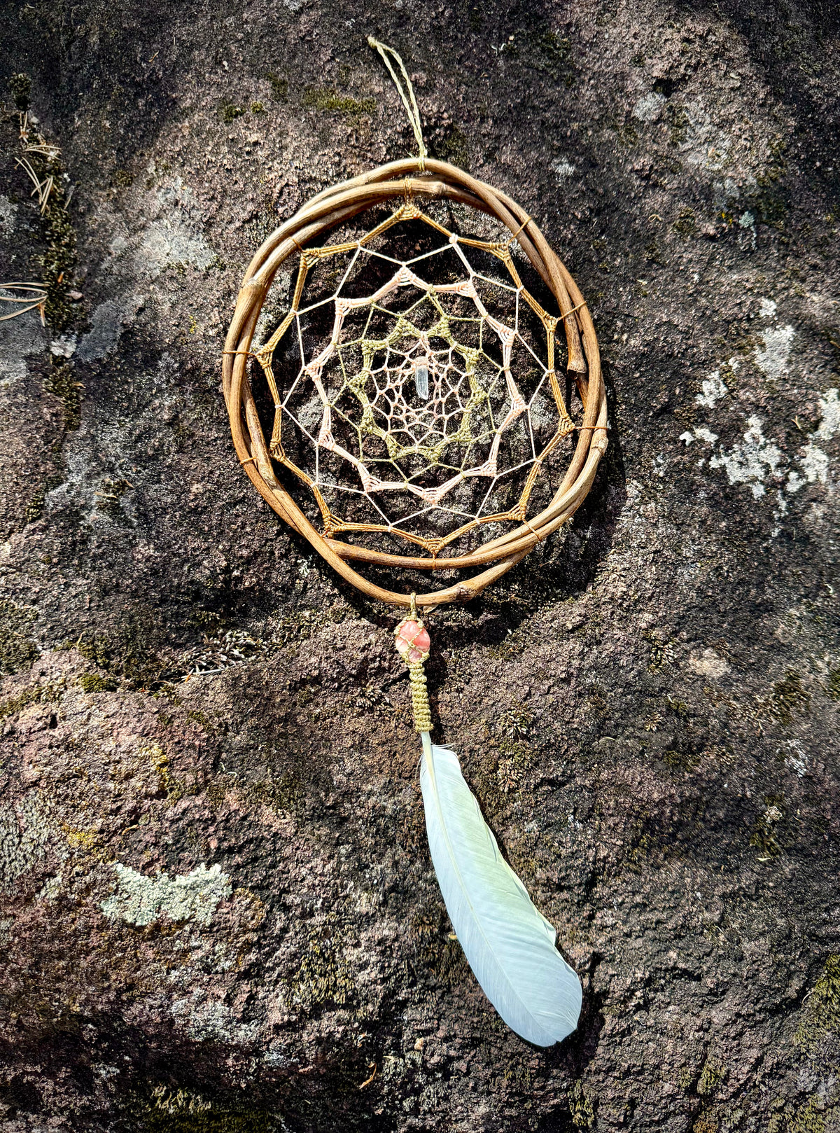 Rose, White & Gold Crystal & Rhodochrosite Dreamcatcher