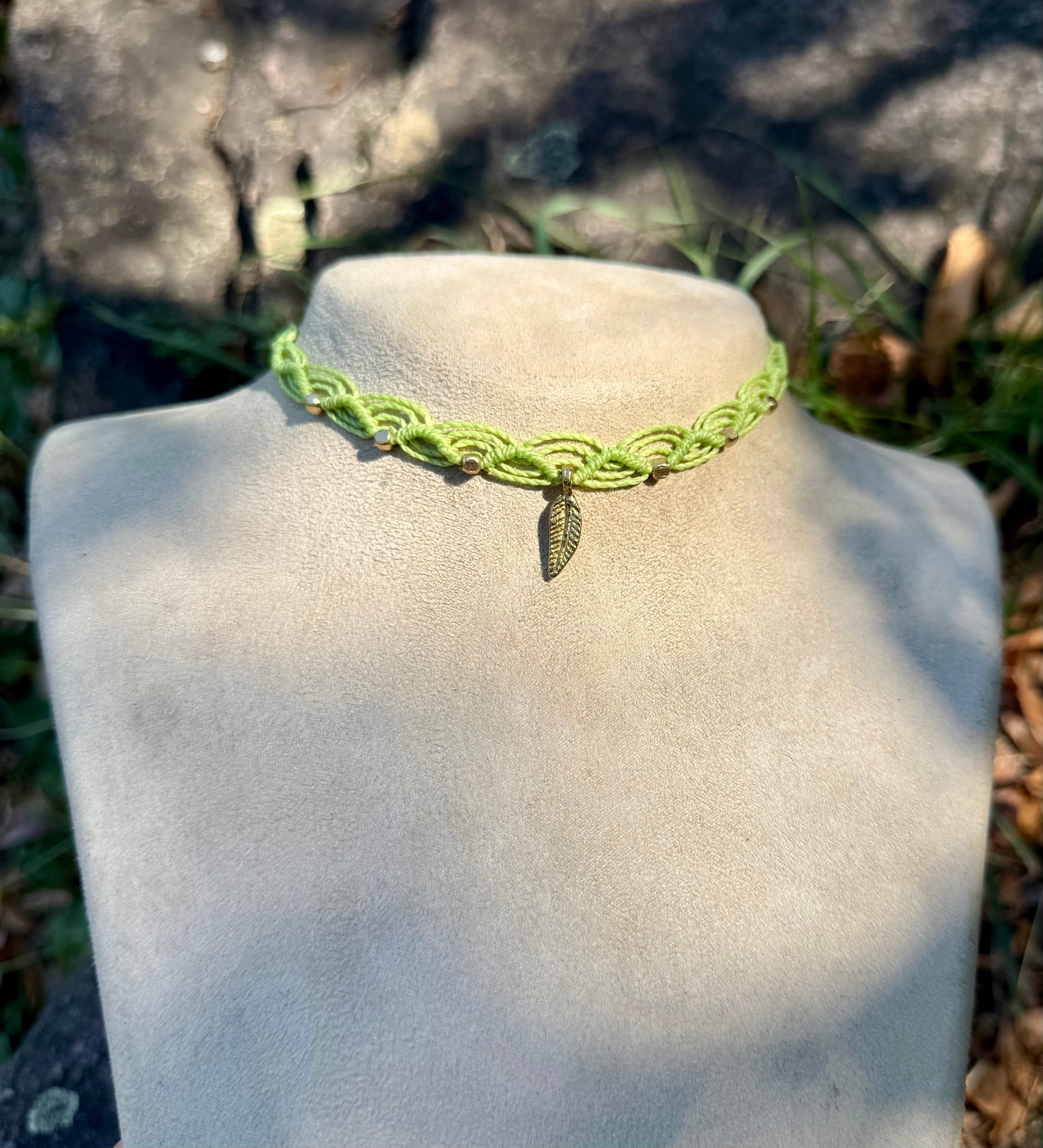 Green Macrame Feather Choker