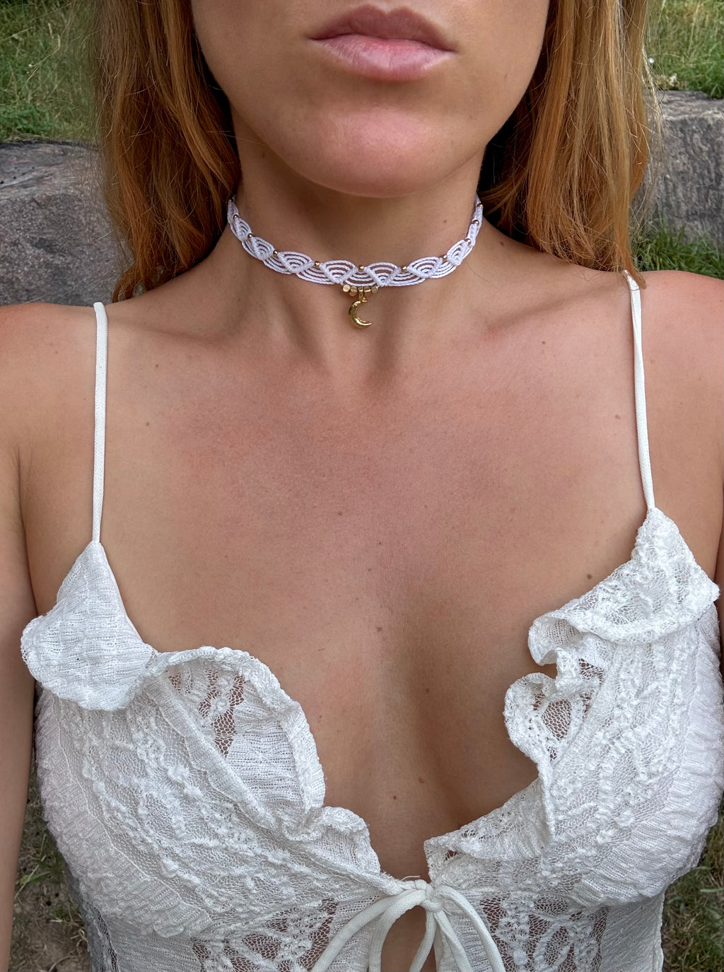 White Macrame Moon Choker