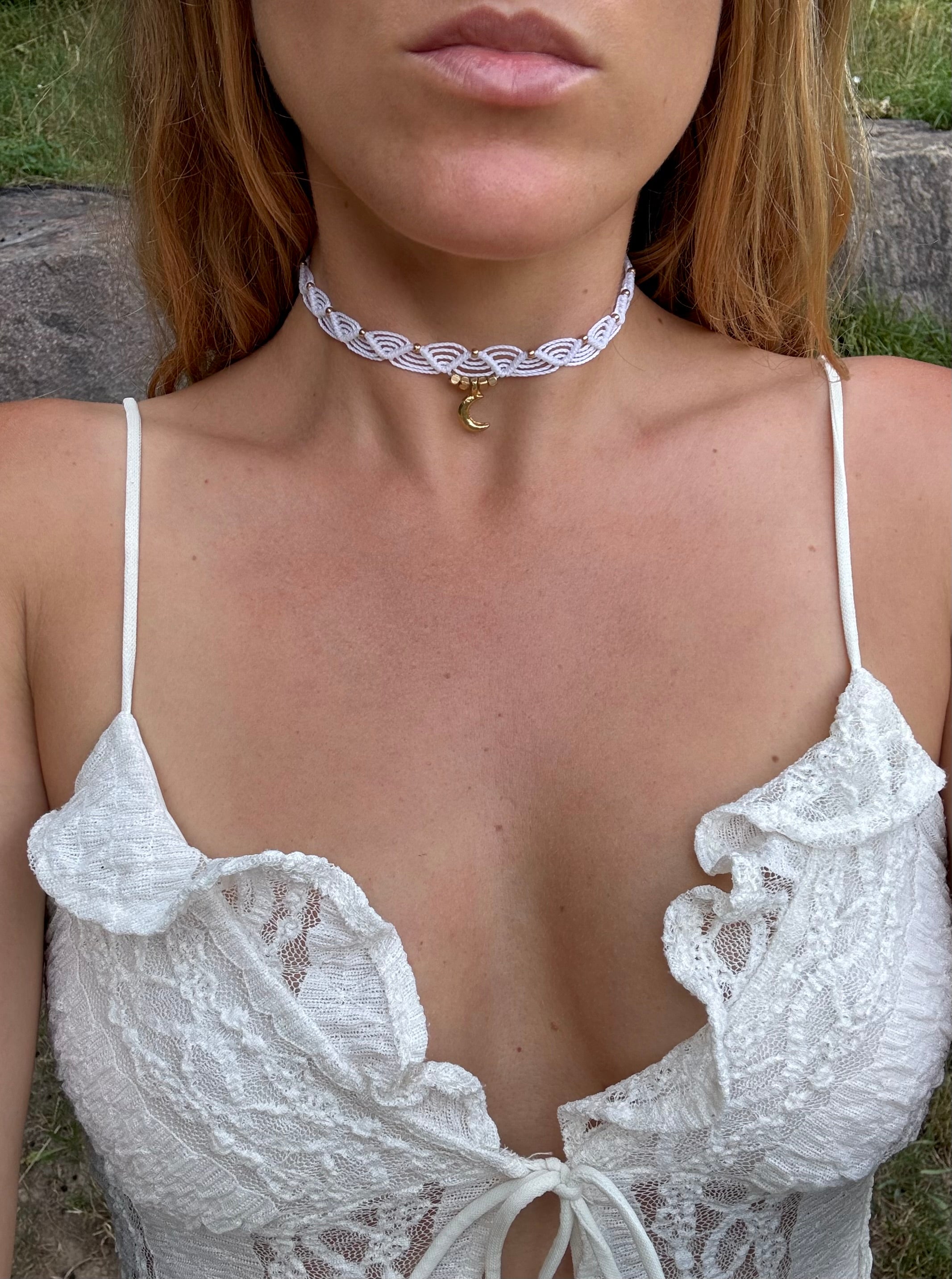 White Macrame Moon Choker